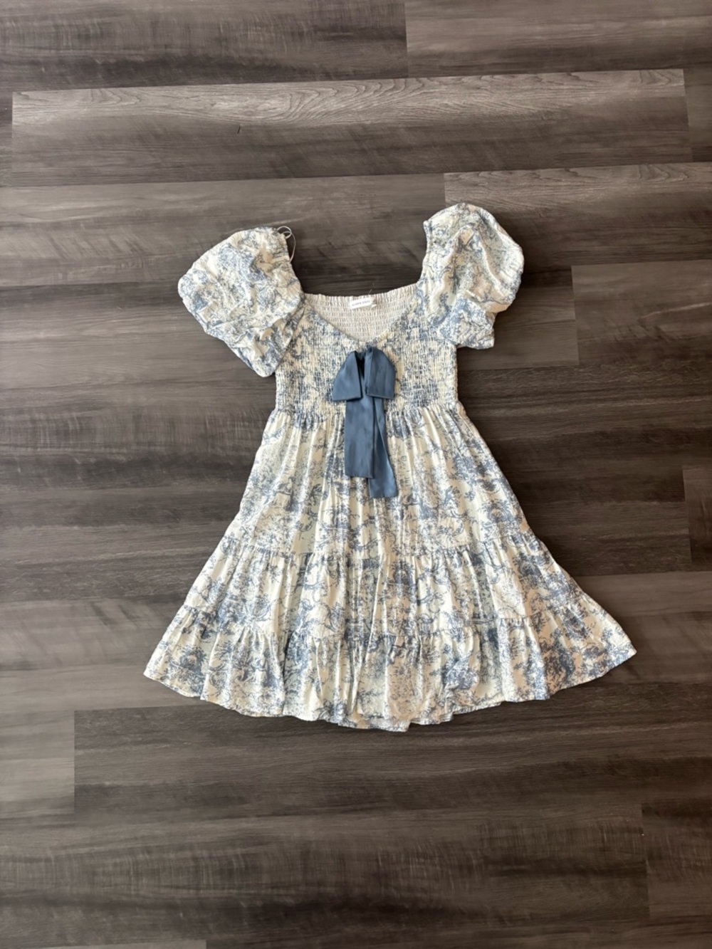 Altar'd State Blue and White Floral Puff-Sleeve Dress with Front Tie